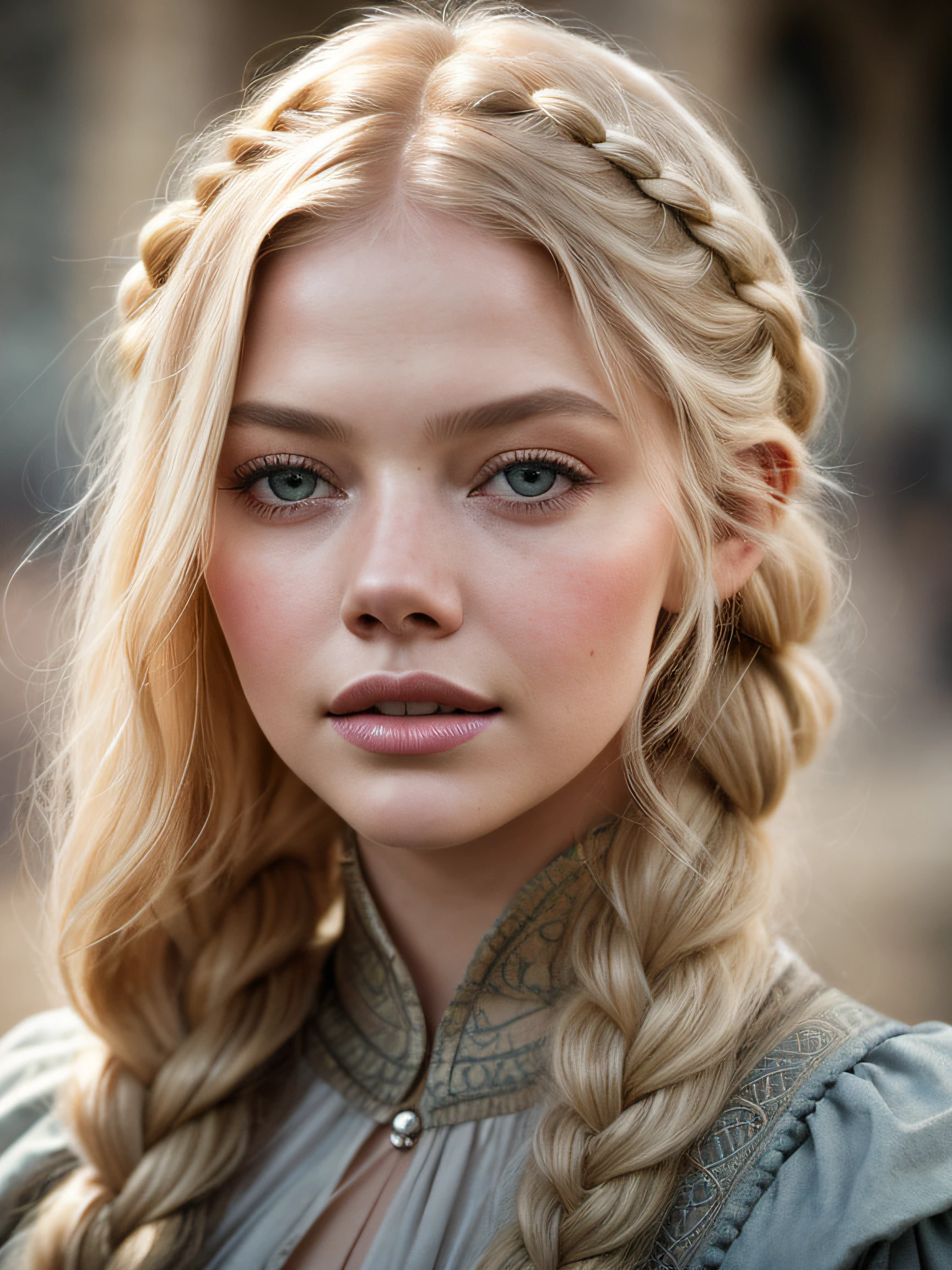 A (fotografia de retrato: 1.2) close up retrato de uma mistura entre Samara Weaving e Haley Bennett como uma linda mulher de fantasia medieval de 26 anos, cabelo loiro claro, grande trança longa única, fantasia fantasia medieval prostituta roupas agradáveis, olhar inteligente, sorriso sedutor, em uma grande cidade medieval de fantasia, nublado, iluminação cinematográfica, canon eos 5d mark iv