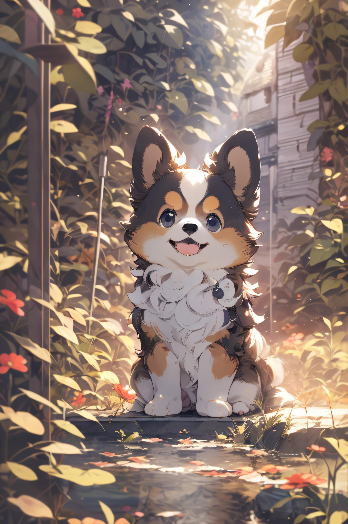 1 pomeranian puppy, cute, outdoors, god rays,  kawaii, slice of life, studio ghibli, (masterpiece:1.2), (best quality:1.2), Amazing, highly detailed, beautiful, finely detail, Depth of field, extremely detailed CG unity 8k wallpaper,