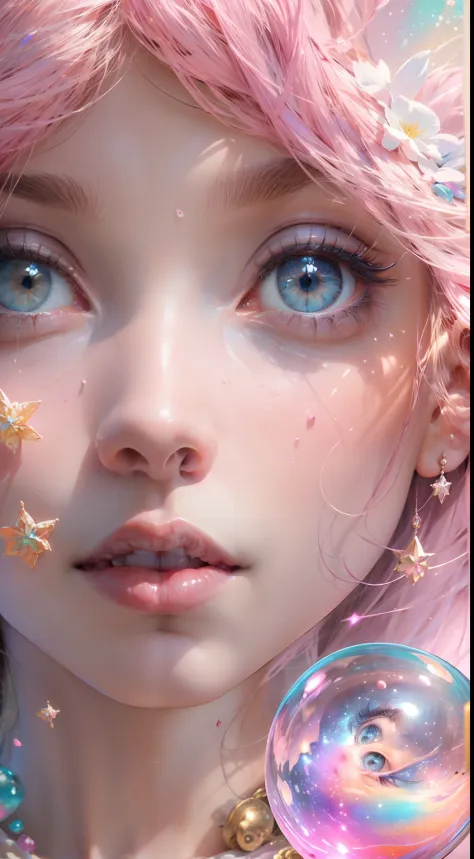 ((masterpiece)), best qualified, pink, a delicate fairy petite woman exploring a bubble gum world, light and space, a wide varie...