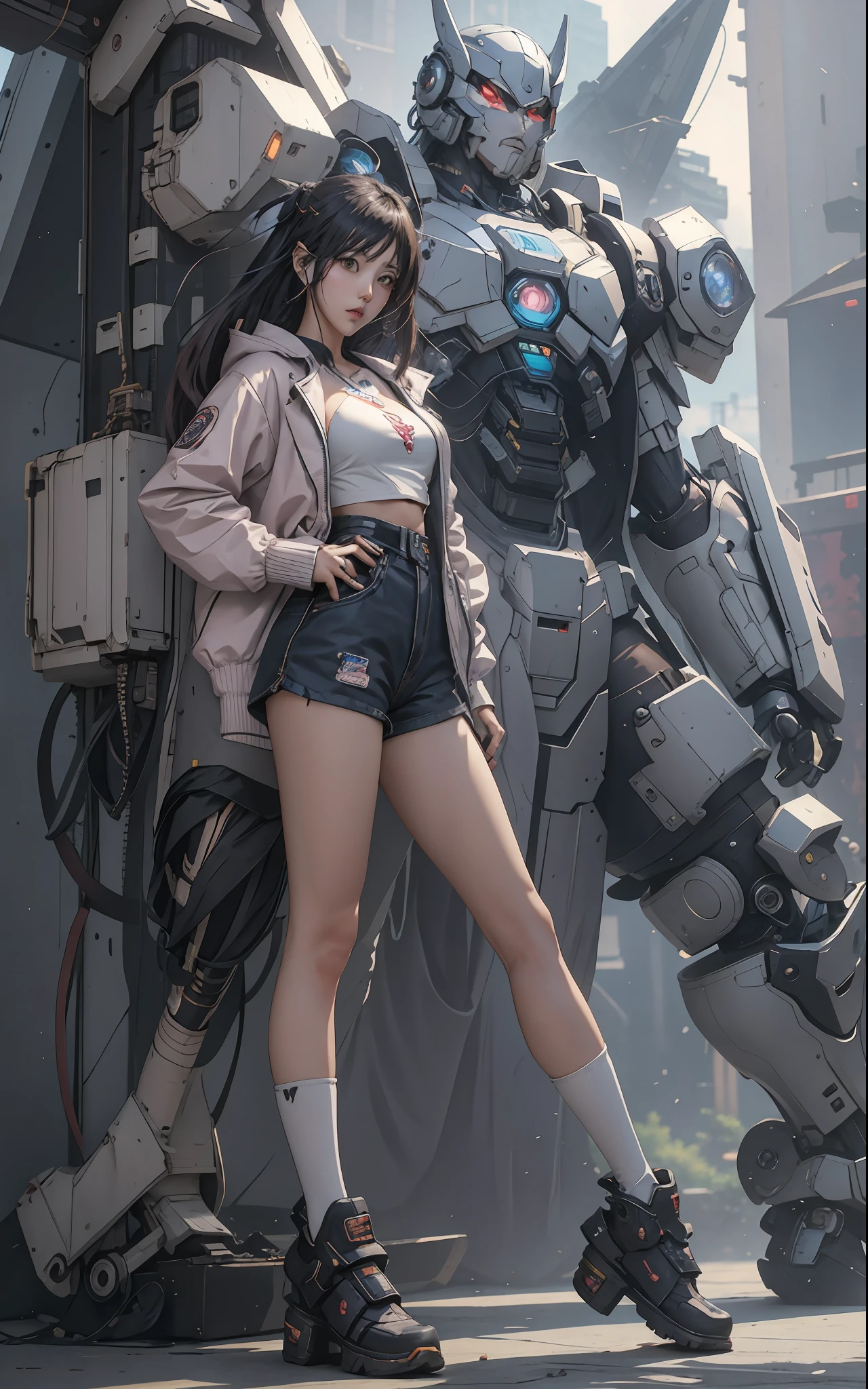 Anime-Mädchen in kurzen Shorts und Jacke steht neben einem riesigen Roboter, artwork in the style of guweiz, cyberpunk anime girl mech, Trends auf cgstation, guweiz, von Russell Dongjun Lu, digital cyberpunk anime art, Ross Tran 8K, guweiz on artstation pixiv, Mädchen in Mecha-Cyber-Rüstung