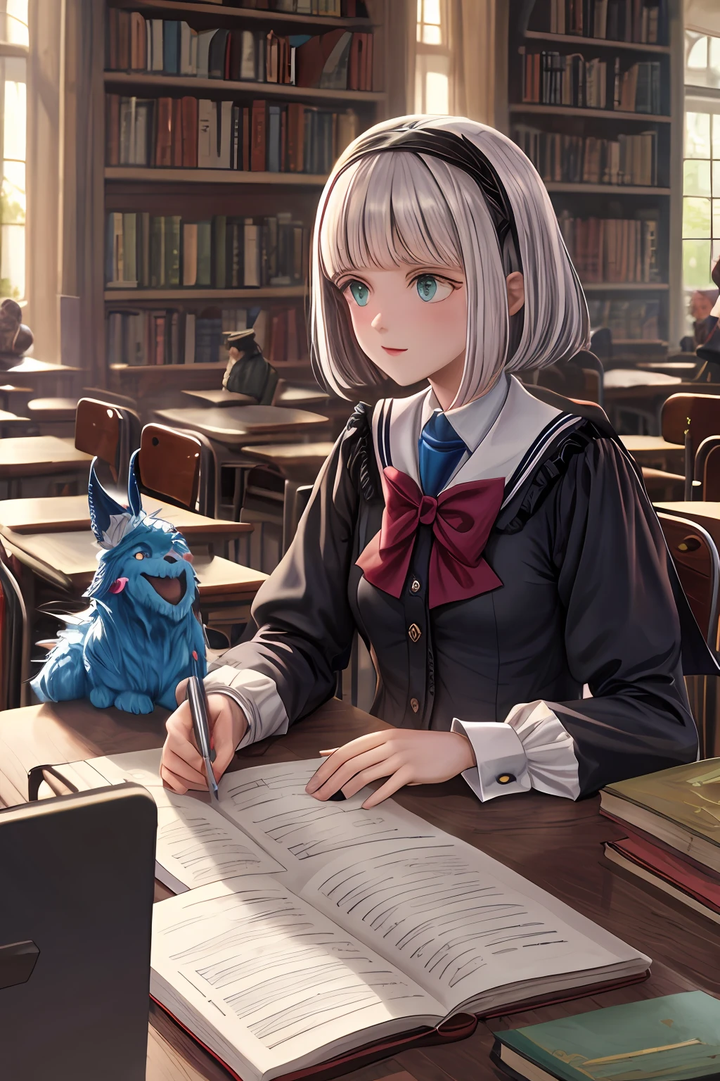 Anime girl sitting at a desk with a book and a laptop - SeaArt AI