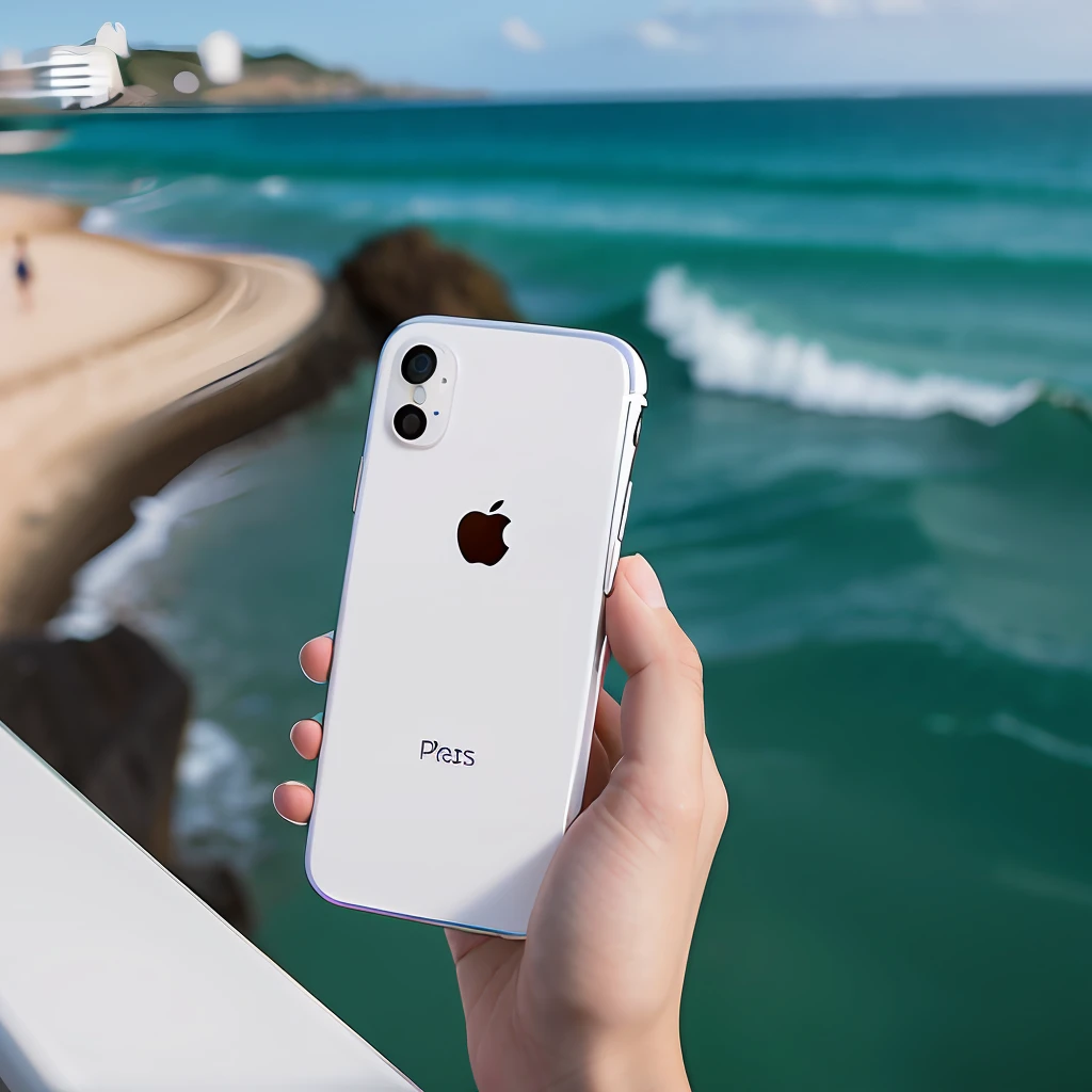 кто-то держит белый iPhone на фоне пляжа - SeaArt AI