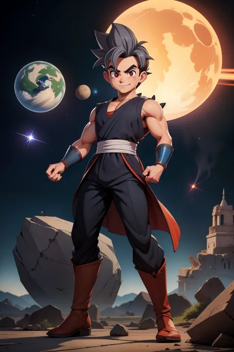 masterpiece, best quality, ultra-detailed, Adult Gohan 1boy, solo, Full body, evil smile, grey hair, spiked hair, red eyes, doug...