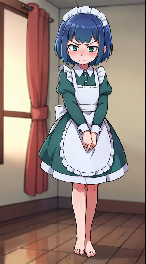 hiquality, tmasterpiece (One teenage girl, housemaid) Sweet face, frowning, indifferent face, dark smooth short hair. Green eyes, maid outfit, bare feet. In the background of the room. gloomily.