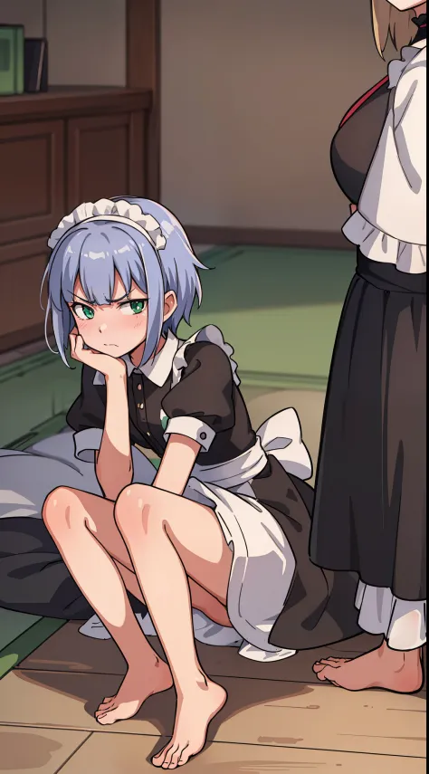 hiquality, tmasterpiece (One teenage girl, housemaid) cute face, Frowning, indifferent face, dark smooth short hair. Green eyes, maid outfit, bare feet. In the background of the room. gloomily.