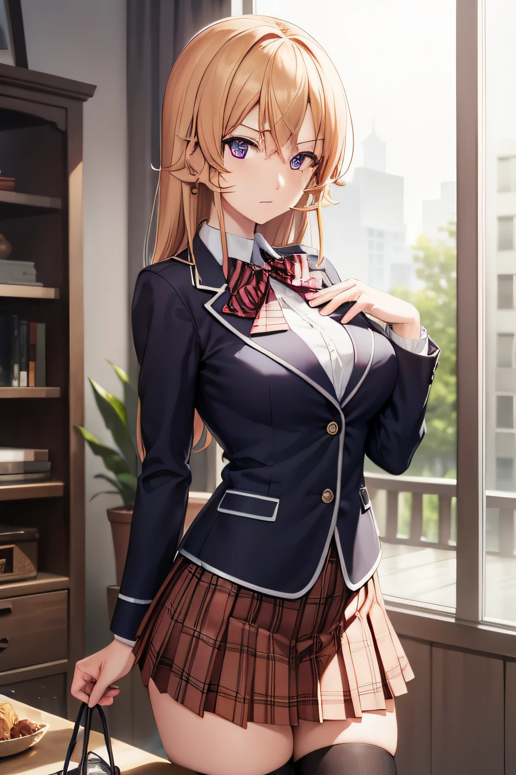 ErinaNakiri, Erina Nakiri, Blonde hair, (medium breasts:1.2), (Purple eyes:1.2), BREAK skirt, thighs thighs thighs thighs, Bow, Red bow, School uniform, Jacket, Pleated skirt, black thighhighs, zettai ryouiki, Plaid, plaid skirts, Blazer, BREAK looking at viewer, BREAK outside, BREAK (masutepiece:1.2), Best Quality, High resolution, Unity 8k壁纸, (Illustration:0.8), (Beautiful detailed eyes:1.6), extra detailed face, Perfect Lighting, extremely details CG, (Perfect hands, Perfect Anatomy),