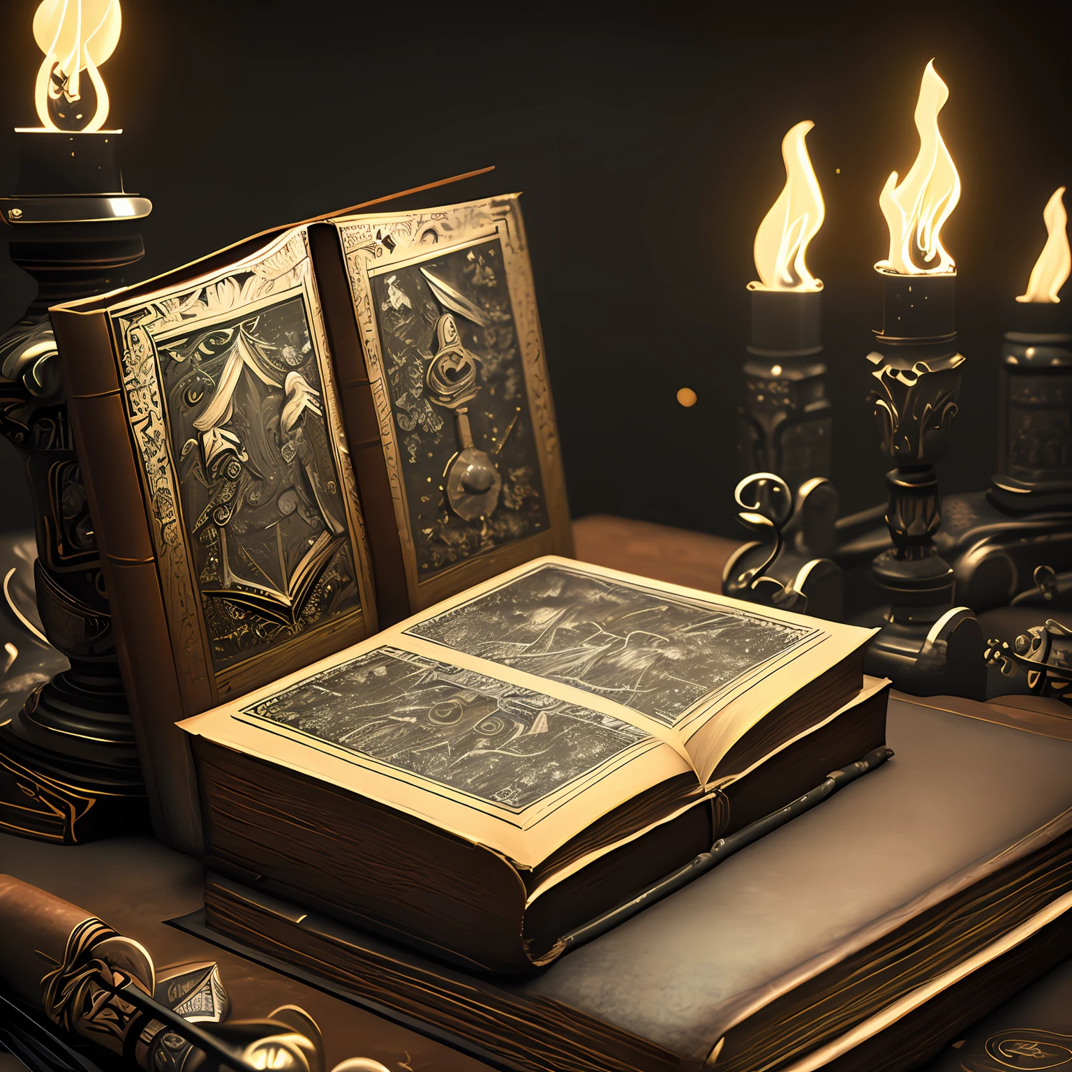 An ancient book with intricate engravings, containing forgotten spells and enchantments, Evokes a sense of wonder and curiosity, Dramatic lighting from an unknown source, Fantasy, intricate details, good anatomy, perfectly drawn, Insane detailed, 4k, cinema 4d rendered, surrealism, illustration, magical, trending on Artstation, color sharding, titanium, cinematic lighting, realistic lighting, low angle, Cinema4D rendering, highly detailed, hyper-realistic, film photography, ultra realistic, detailed, Alternative