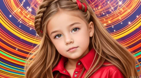 Girl child 10 years old, Russian blonde in braids, com roupa de jaqueta de couro vermelha, Estilo retrato, fundo preto e vermelh...