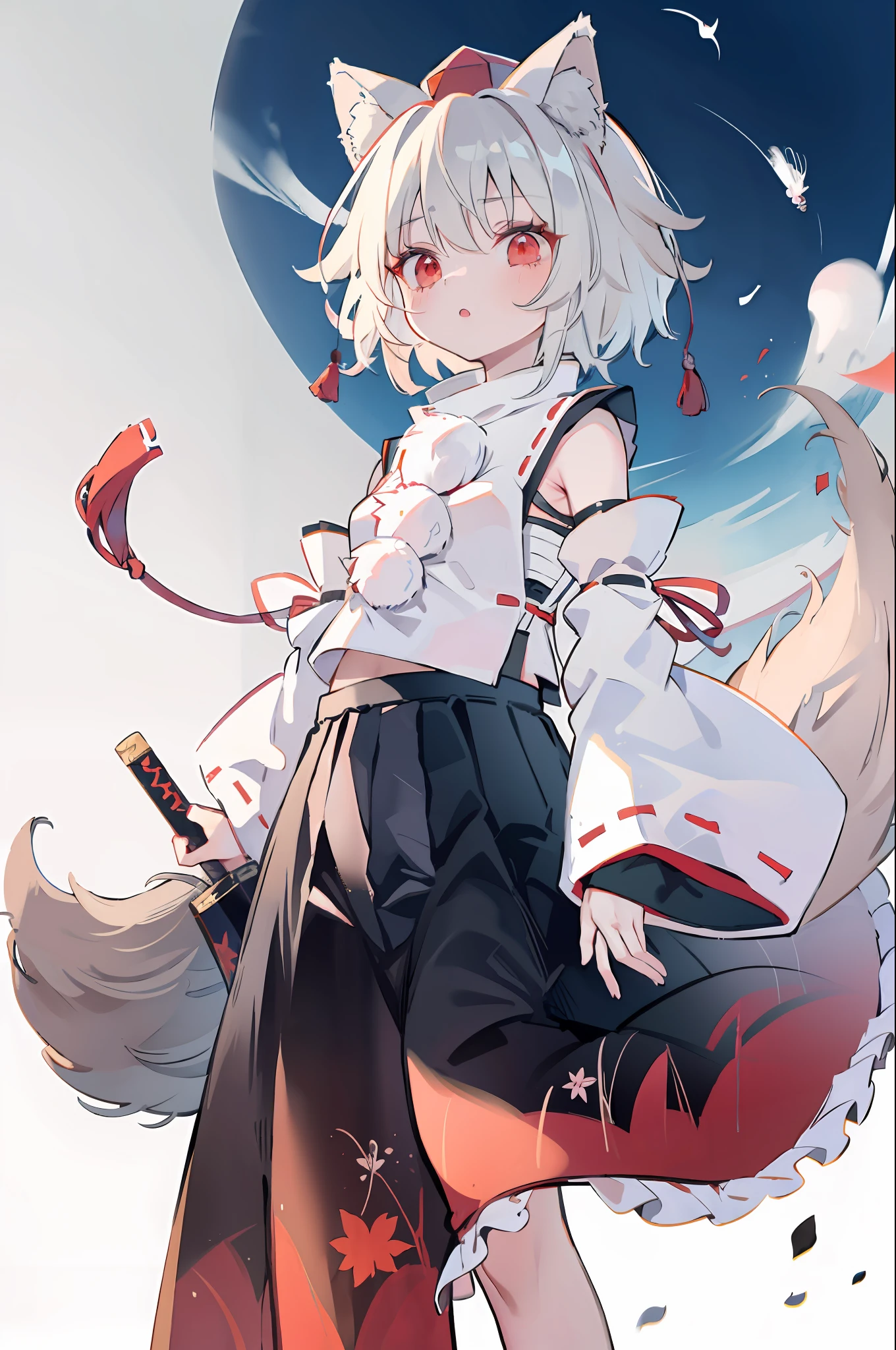 masutepiece, Best Quality, 1girl in, Solo, tokin hat, Momiji Inubashi, hat, Animal ears, Sword, arma, Red Eyes, Wolf ears, Detached sleeves, White hair, tail, Short hair, Wolf tail, Skirt, letterbox, Bare shoulders, Looking at Viewer, katanas, Wide sleeves, fronds, pompoms (Clothes), bridal gauntlets, Shirt