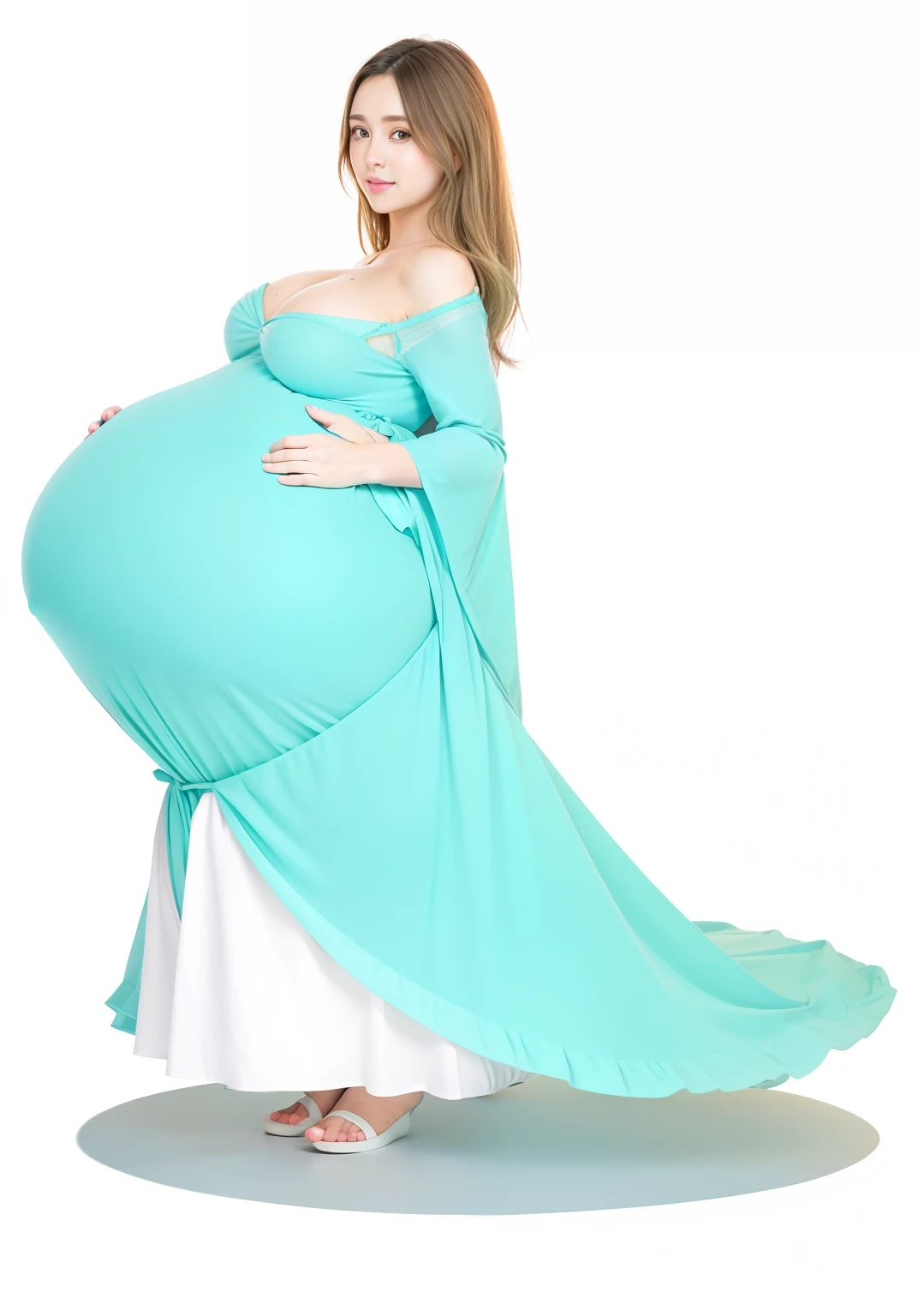 Pregnant woman in a blue dress posing for a picture - SeaArt AI