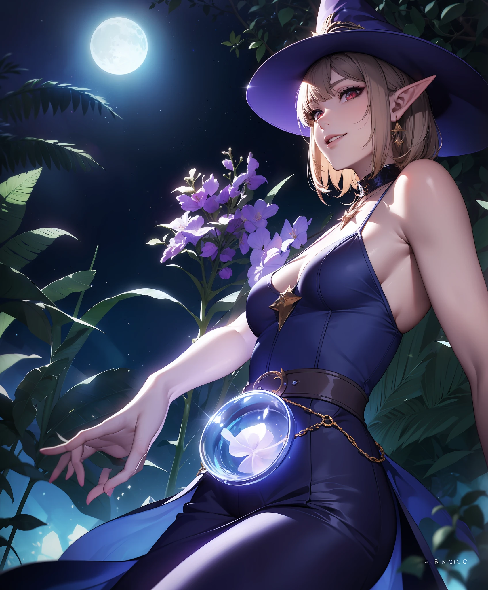 (Masterpiece, High quality:1.3), (fish eye:1.25), Sexy witch, 18 years old, hand on hips, (Night, Magical dark forest:1.3), (Close-up, Upper body:1.3), (Solo:1.1), Perfect slim body, Red eyes, blond with short hair, bangs, ears of elf, grin, (Simple:1.1) Blue dress, (black:1.1) bound legs, Witch hat, glowworm, spark of light, epic sky, Moon, Dynamic light, dynamic shadowing, (From below:1.2)