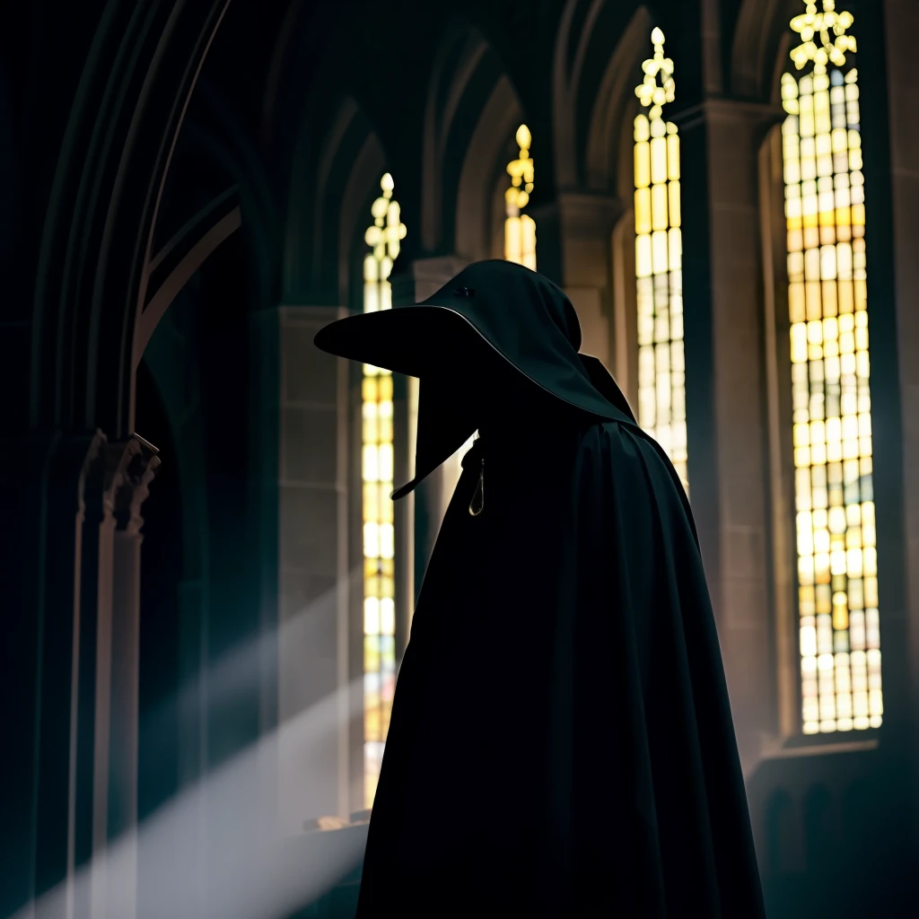 A  plague doctor in an medieval cathedral,   occult, dark theme, volumetric light, natural light, eyes hidden, dark lighting, gloomy