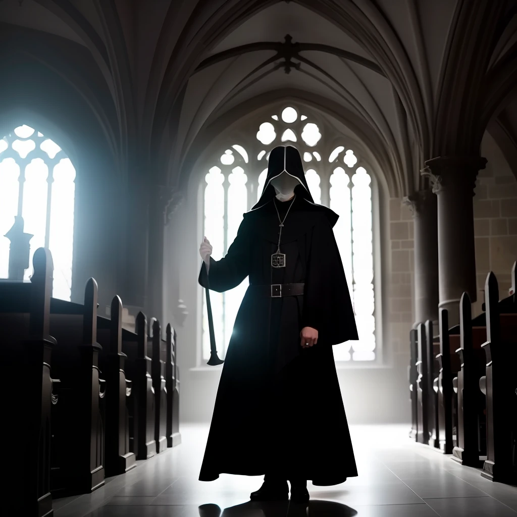 A  plague doctor in an medieval cathedral,   occult, dark theme, volumetric light, natural light, eyes hidden, dark lighting, gloomy