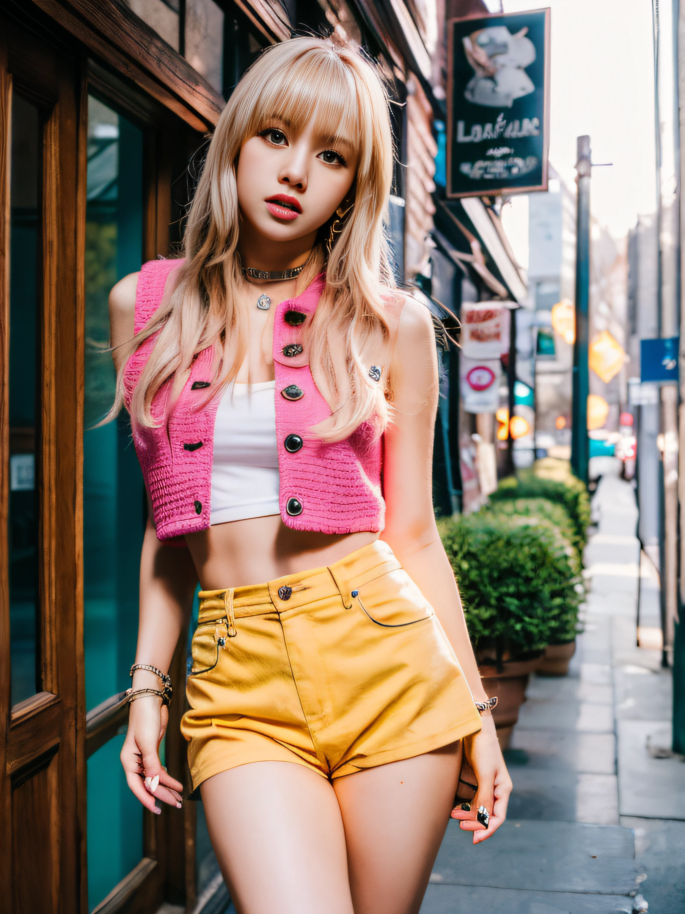 Lisa light yellow long hair, Lisa face shape, pink vest, pink hot pants, accessories, sexy, open waist long legs, café, masterpiece, aspect, realism, HD, photography lighting, 16k