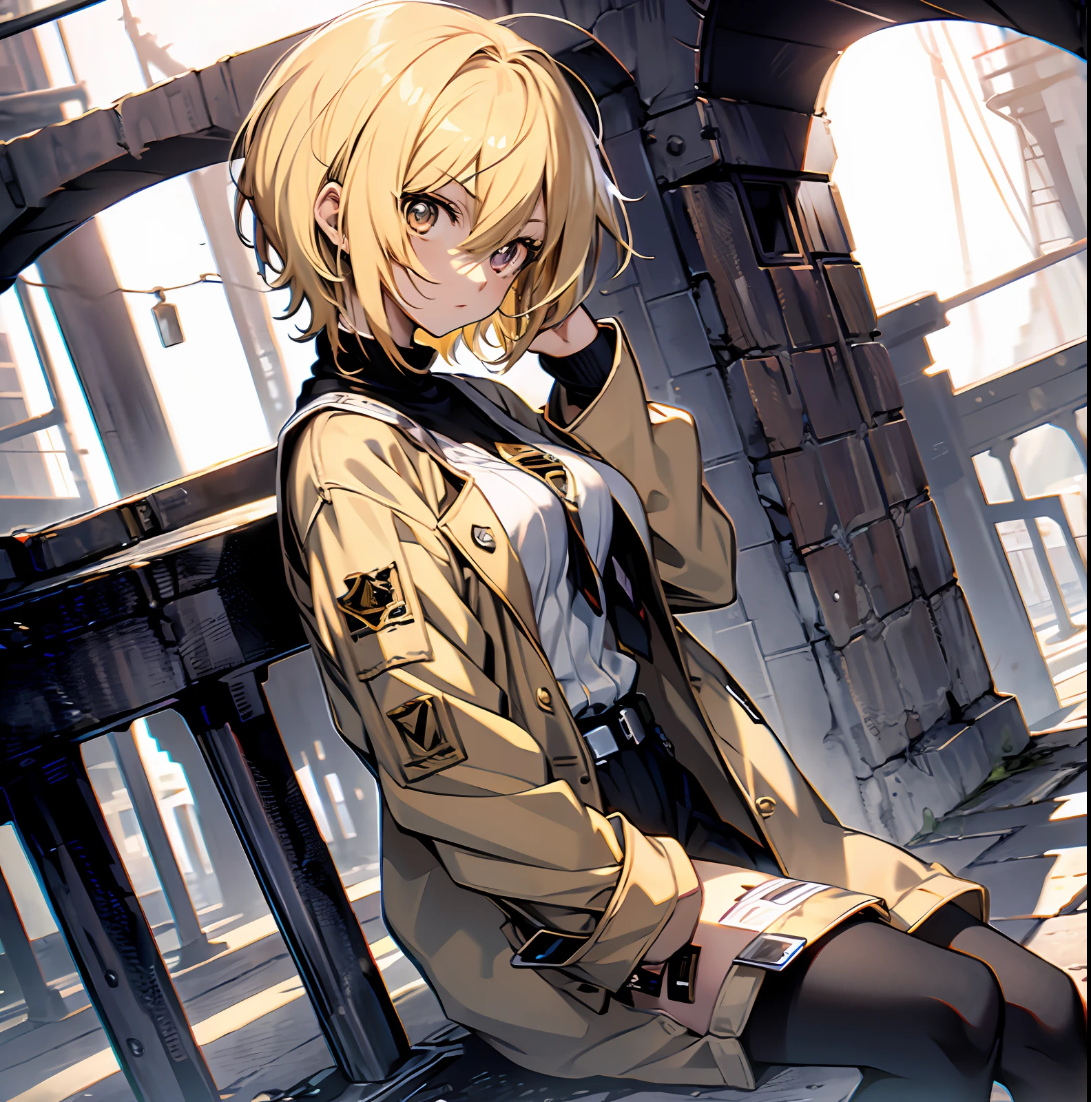 anime, don quixote (limbus company), young girl, blonde hair, short hair, goldeb eyes, sitting, hand in pocket,