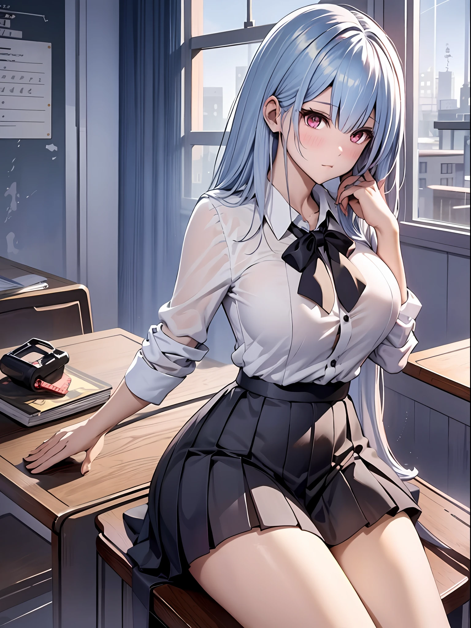 Anime - Stylistic image of a woman in a white shirt and a black skirt, seductive anime girls, Smooth anime CG art, On a table, beautiful and seductive anime woman, Surrealism female students, Realistic , Surrealism female students, 2 b, 2b, sakimichan, [ 4 K digital art ]!!, Perfect white haired girl，huge tit，blush，