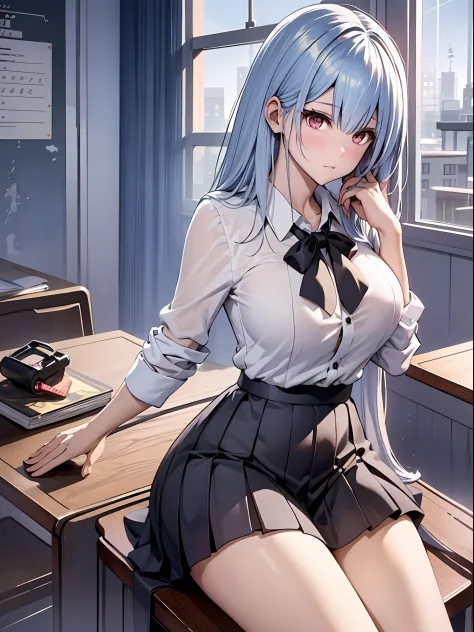 Anime - Stylistic image of a woman in a white shirt and a black skirt, seductive anime girls, Smooth anime CG art, On a table, b...