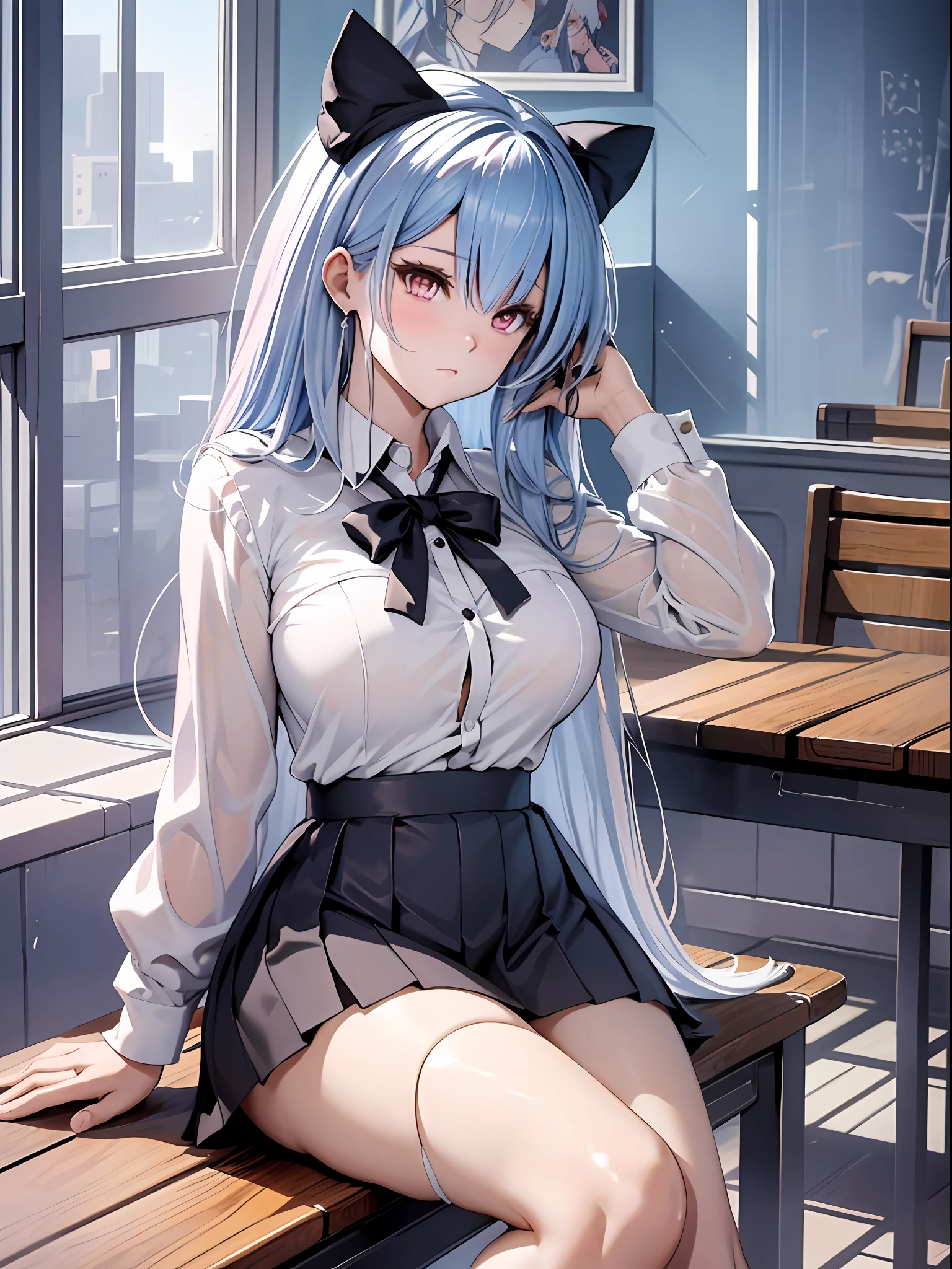 Anime - Stylistic image of a woman in a white shirt and a black skirt, seductive anime girls, Smooth anime CG art, On a table, beautiful and seductive anime woman, Surrealism female students, Realistic , Surrealism female students, 2 b, 2b, sakimichan, [ 4 K digital art ]!!, Perfect white haired girl，huge tit，Blush，