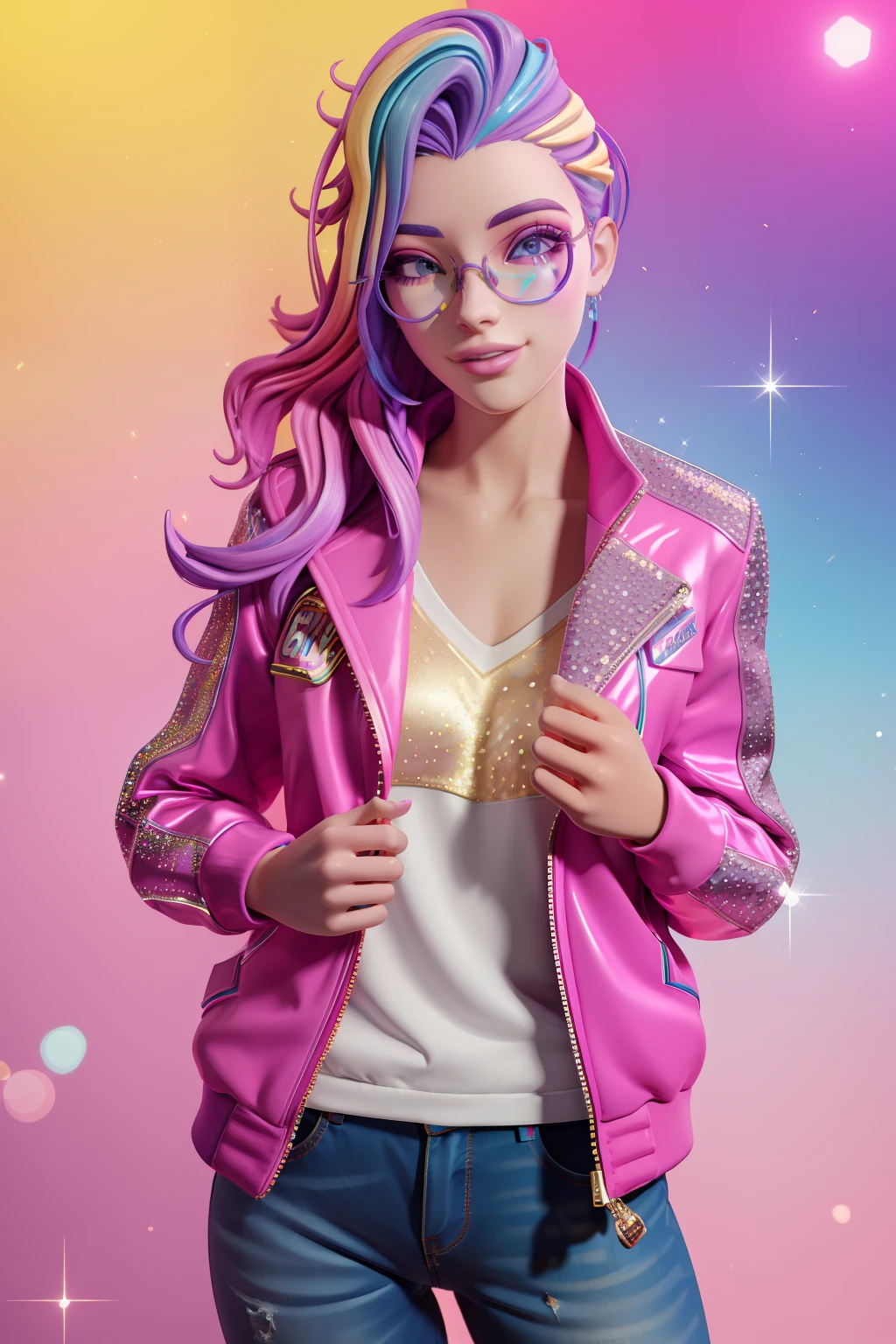 xyzseraphine, 1girl, 3d render, multi-colored hair, trendy clothing, sparkles, sprinkles, jacket, eyewear