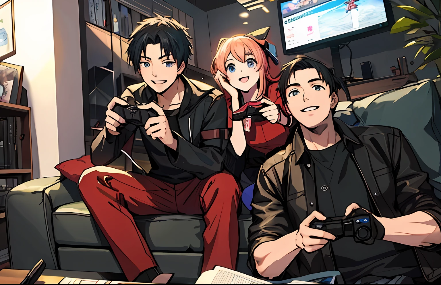 Anime characters sitting on a couch playing video games - SeaArt AI