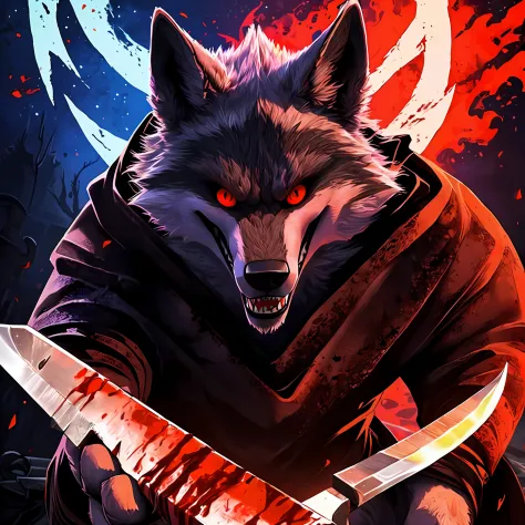 Death Wolf is possessed by a great hatred his clothes are full of blood his knife is full of blood in the background has a grave...
