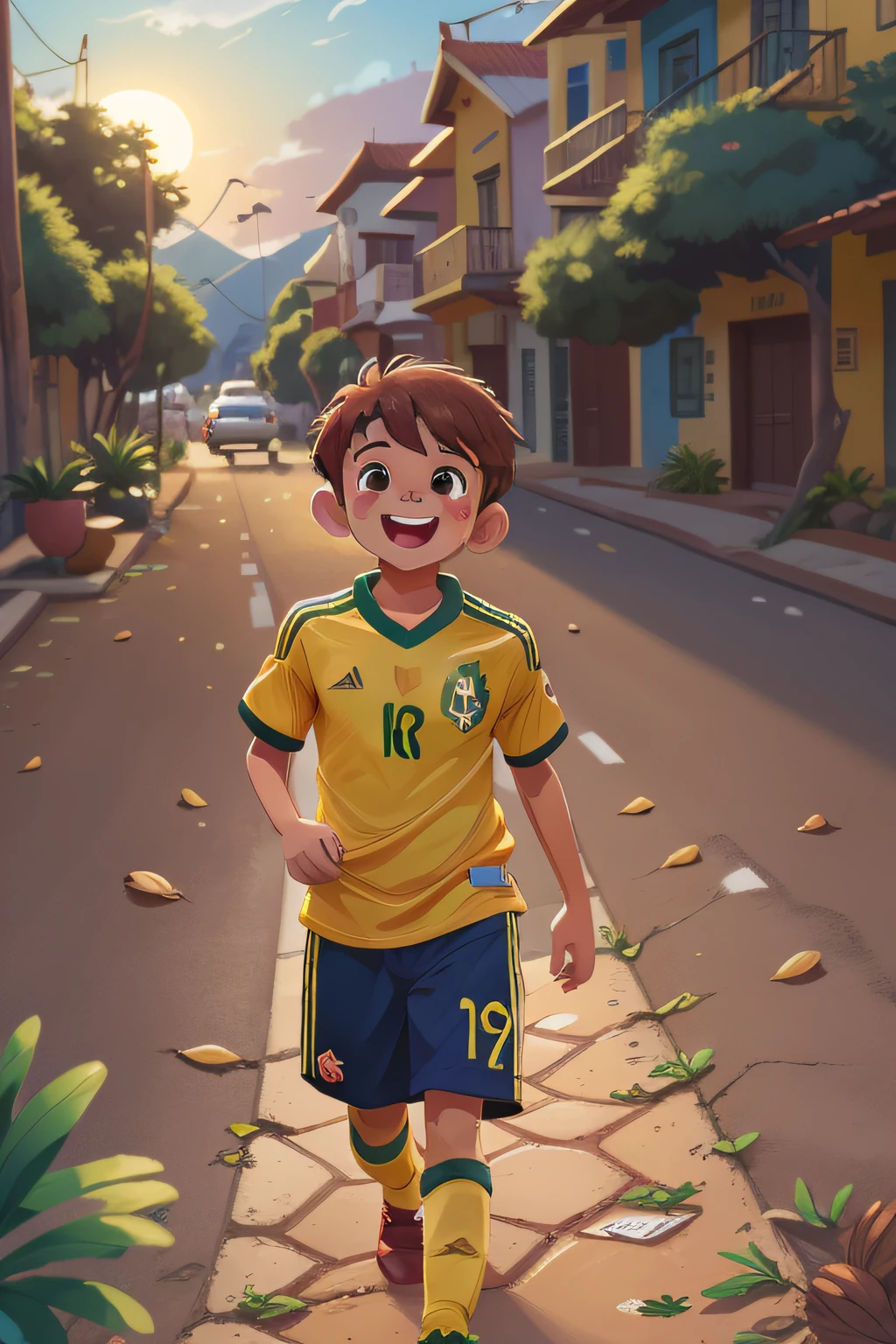 9岁男孩, 短发, 切, 栗子, olhos 栗子, 巴西国家足球队球衣, 黄色的, 夕阳下独自行走在美丽的山景中, 快乐的, 迪士尼香奈儿风格, 超高清图像, 8千, 极端主义者.