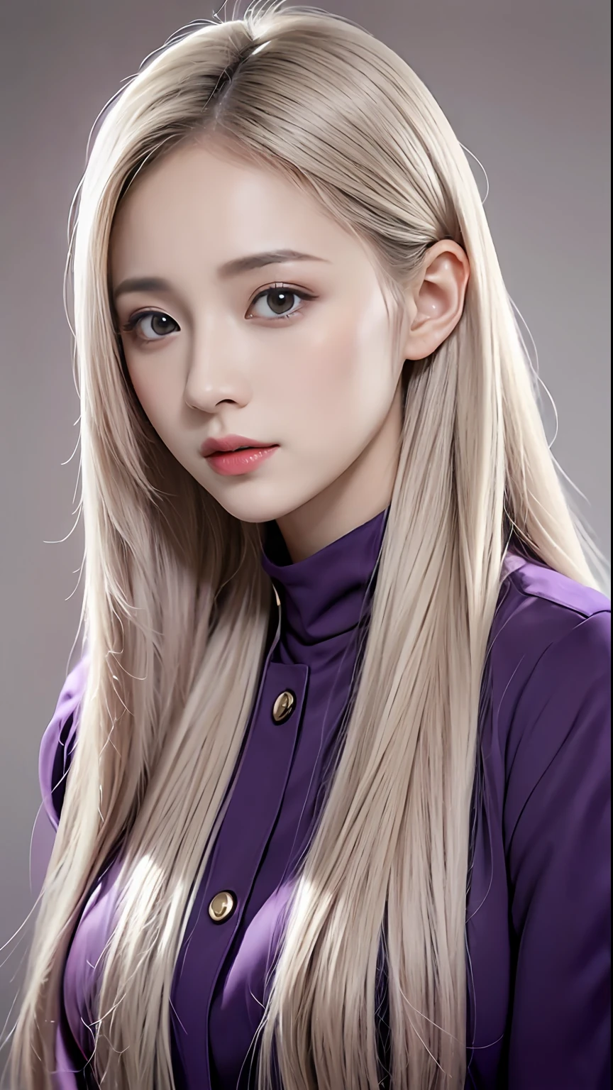 8k, 1 girl, Yamanaka Ino, purple clothes, long hair, beige hair, realistic, UHD, 70mm lens.