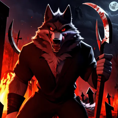 Death Wolf is in a graveyard full of blood is holding your scythe is full of blood is watching you in the dark without you reali...