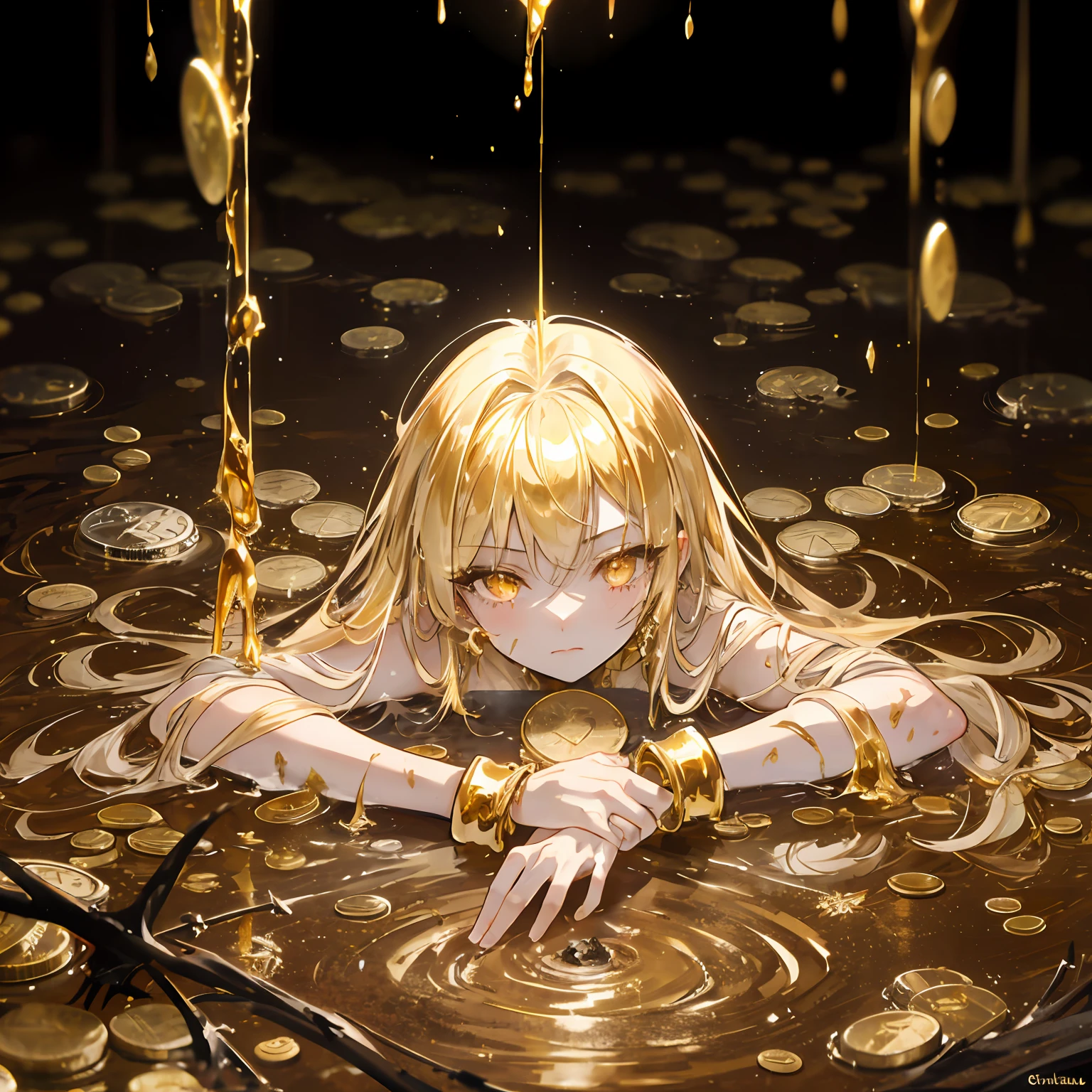 molten gold,gold bullion,coin,Wearing lots of gold accessories,1girl,slime girl,shiny skin,goldpowder,Metalheart,liquid metal girl,gold eyes,in the mud,mud,buried in the ground,upper body