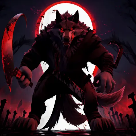Death Wolf is in a graveyard full of blood is holding his scythe is full of blood is watching you in the dark without you realizing is looking at the viewer with his red and dark eyes I am saying that the following was very worthwhile to sell my soul to th...