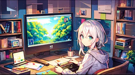 colorful,  illustration,2d illustration, abstract,1 girl，white hair, tree,desk,computer,clear backgroud,wall paintings