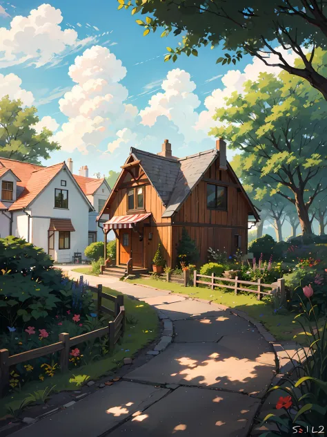 sea side cottage, clouds, tree near the cottage, cozy scene, anime --auto --s2