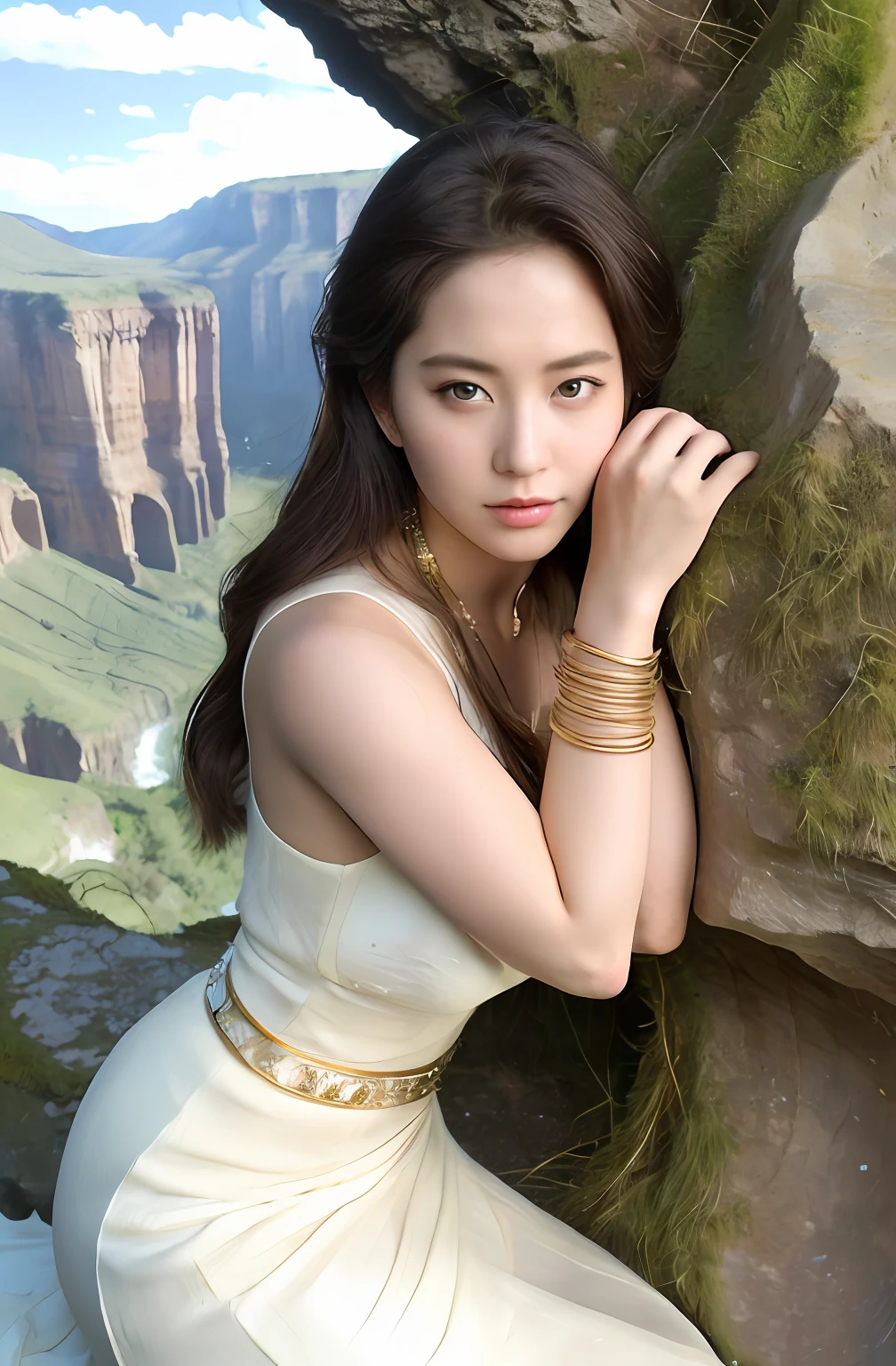 8K Raw photograph,Ultra-high resolution, filmgrain, filmg,view the viewer, Natural skin texture,Realistic eye and face details,((Realistic:1.5)),ulzzang-6500:1.4,((Best quality)), ((Masterpiece)),((Detailed)),2girls,duo,{2 beautiful women}, (Upper body:1.3),Hug and touch each other, Tease your friend's waist, Breathless friends, Biting a friend's earlobe, crouched,super wide shot,Face focus, Long legs,Curvy, Barefoot,Wide hips, Thin legs, Oversized eyes,Long eyelashes, (Detailed face,beautidful eyes, detailedpupils,detailed clothes features, Clear background:1.3), (armlets, bangle:1.3), Mysterious ancient ruins, lush forest, Deep canyon,bridge,River,cliff,Cloud,lakes,Rock music,waterfalls, Flowers, grass,grape trees,tree,bright detail,Sharp,Perfect compounding, Intricate, Sharp focus, Dramatic,