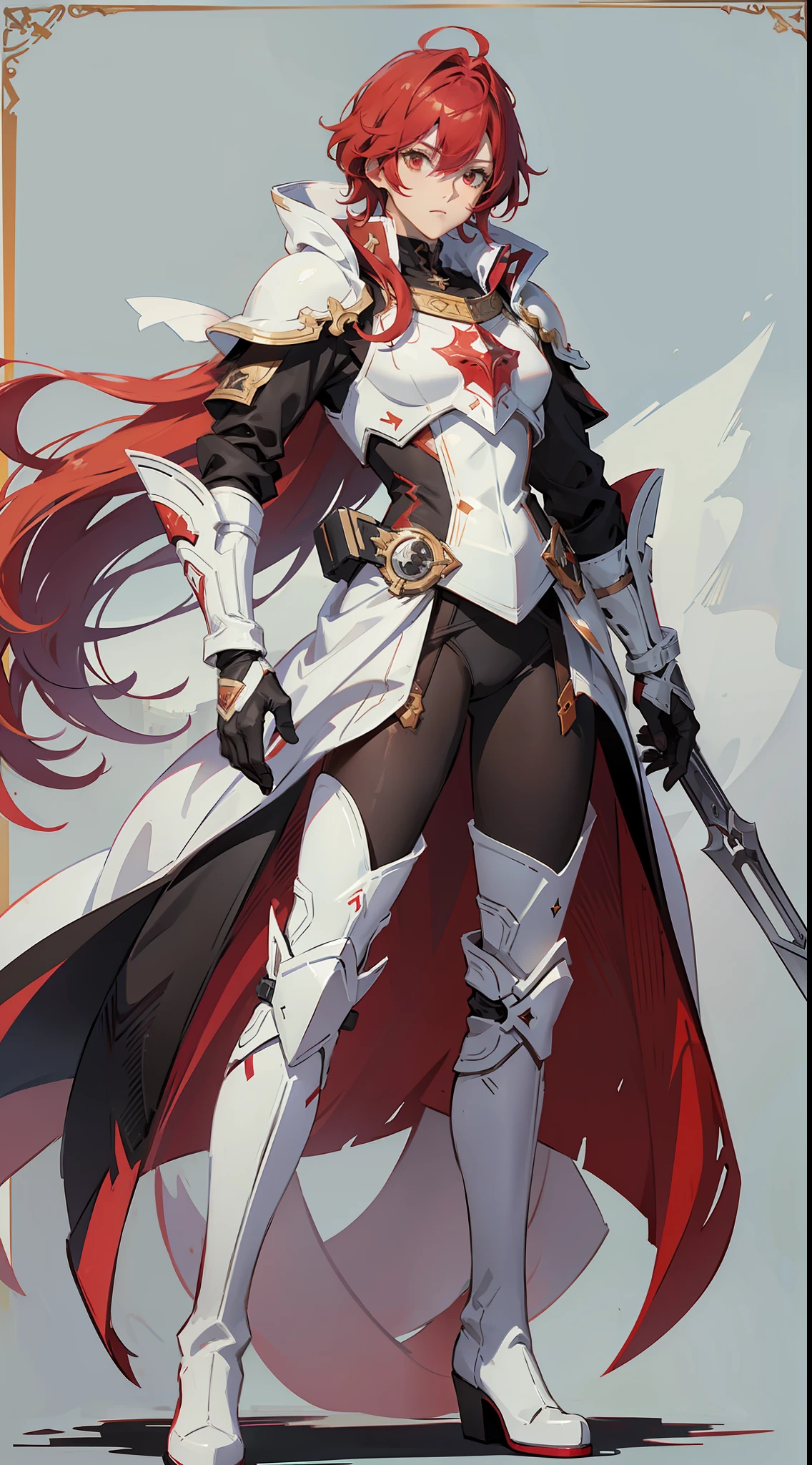red tinted hair，White armor，long black gloves，black pantyhoses，Handsome standing with white boots