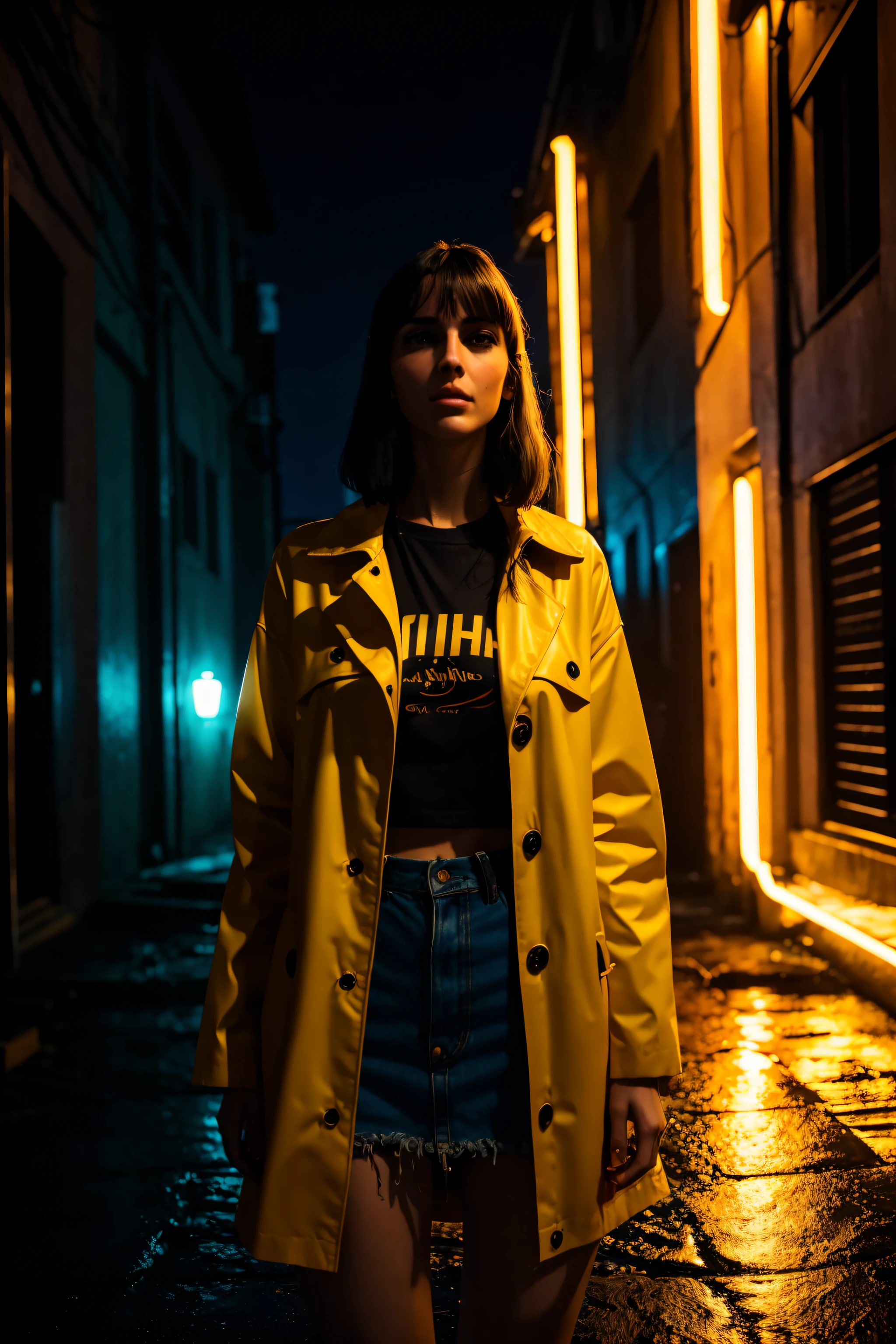 1girl ,  VeronicaCipher, tshirt, yellow coat, raining, cyberpunk, dark alley, midnight, neon light, bladerunner,
(35mmstyle:1.1), front, masterpiece,  (photorealistic:1.3), high frequency details, 35mm film, (film grain), film noise, cinematic lighting