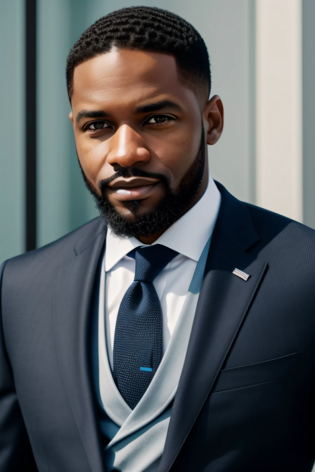 corporate environment, black man, in light blue suit, with beard and short waves hair style