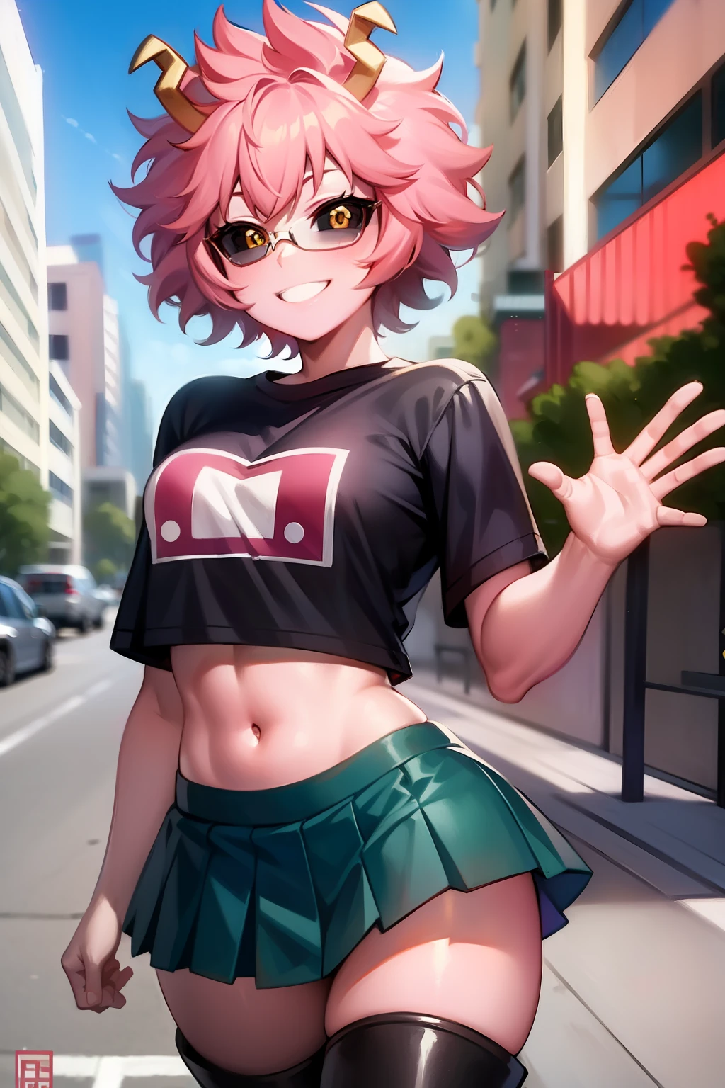 solo, ashido mina, pink skin, yellow eyes, black sclera, horns, pink hair, logo shirt, pleated skirt, midriff, thigh boots,  smile, waving, looking at viewer, outdoors, street