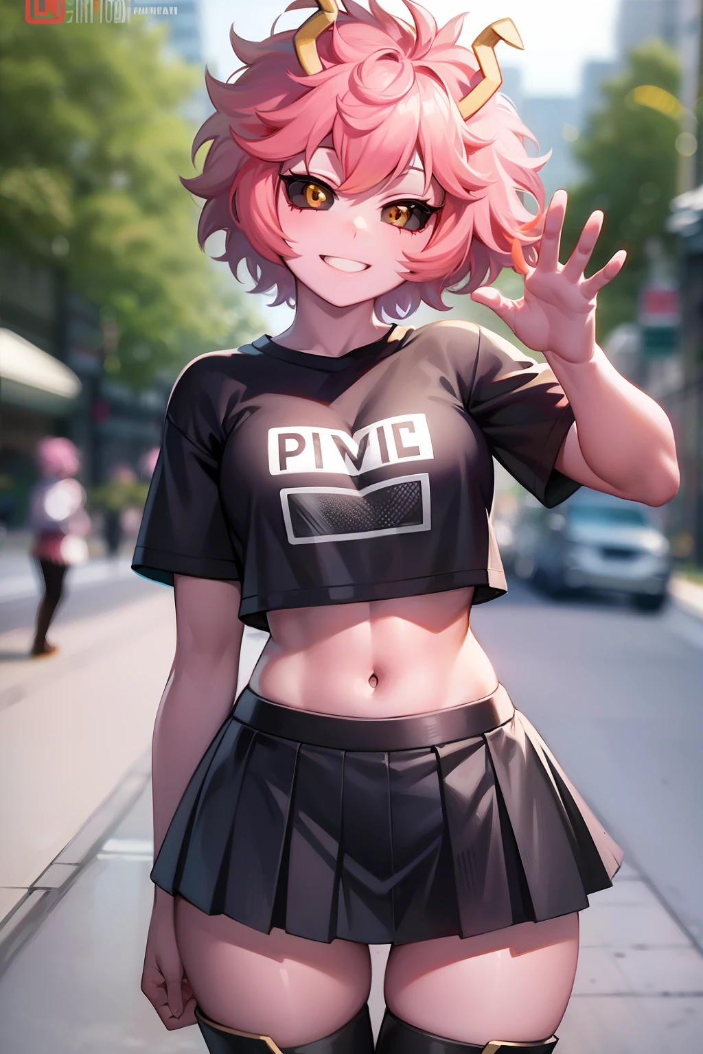 solo, mina ashido, piel rosada, Ojos amarillos, esclerótica negra, cuernos, Cabello rosado, Logotipo de la camiseta, falda plisada, diafragma, botas hasta el muslo,  sonrisa, ondulación, mirando al espectador, Al aire libre, calle