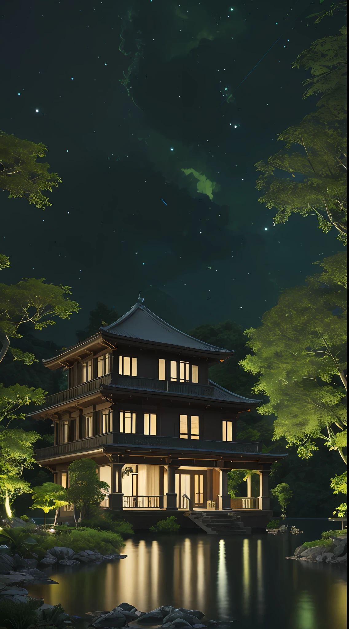 A nice little villa by the calm lake，the night，Green fluorescence，tropical style，Masterpiece, Proportional, Detailed, trending on artstationh, Beautiful lighting, Realistic, Intricate, Award-Awarded, 8K, highest quality
Award-winning, Yoshitaka Amano's 8K digital painting. Beautiful lighting and cinematic composition make this piece a true masterpiece, trending on artstationh