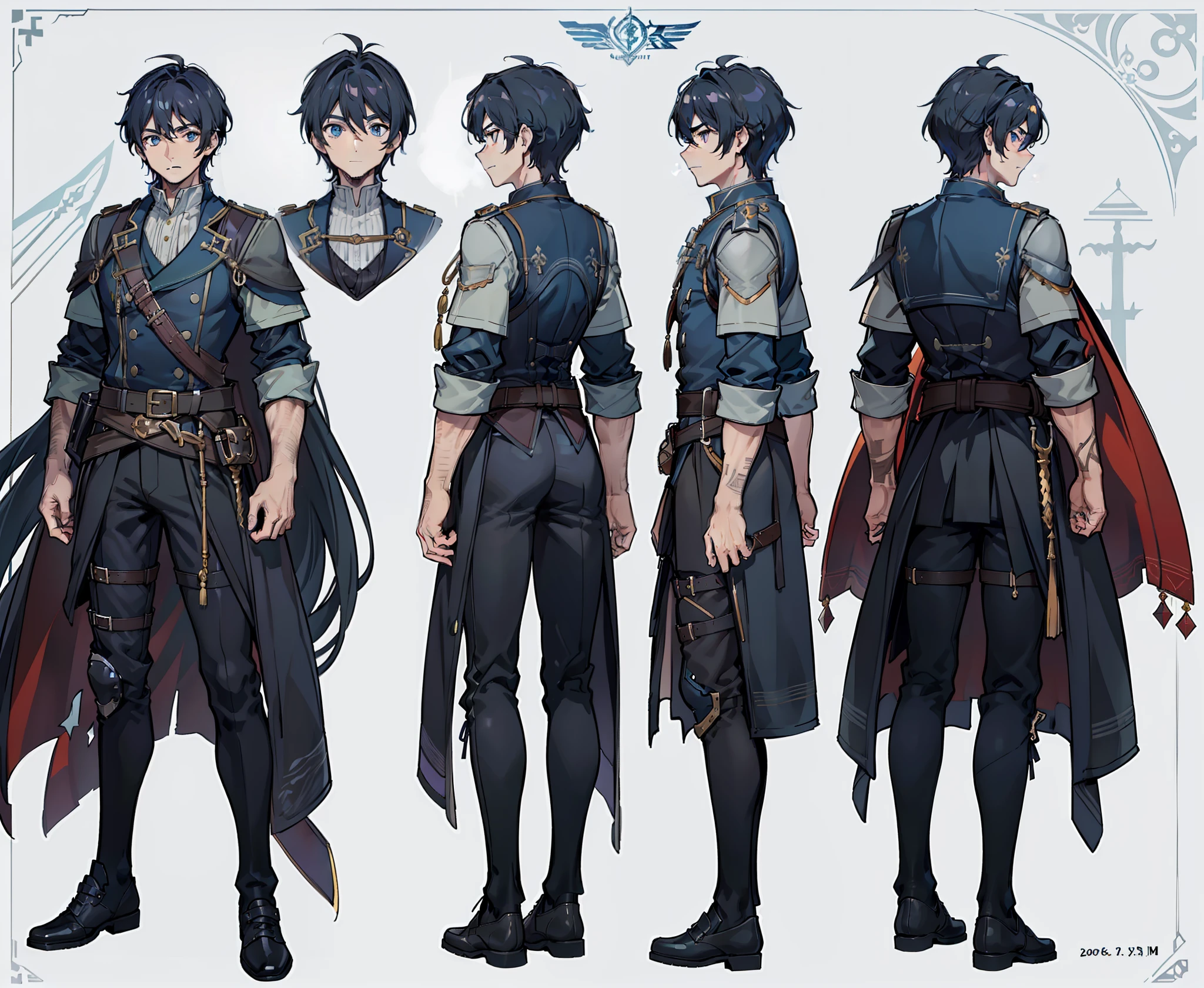 1man, reference sheet, matching outfit, (fantasy character design, front, back, sides, left, right, up, down) Tall and well-built man with rugged charm. Piercing blue eyes holding a hint of mystery. Dark black hair slightly unkempt, giving him a dashing appearance. Attire consisting of practical yet stylish adventurer's clothing for comfort and mobility during travels. A few scars and calloused hands, testament to the challenges faced on his adventurous journey. (masterpiece:1.2), (best quality:1.3).