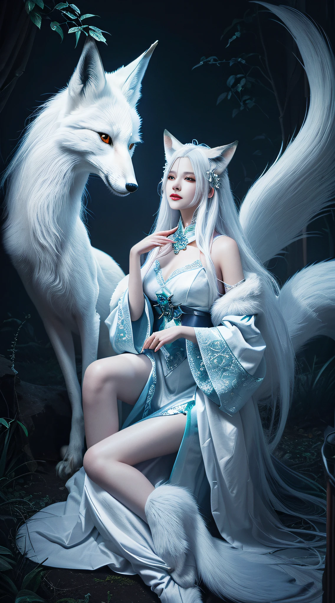 To, masterpiece, beautiful details, colorful, delicate details, delicate lips, complex details, real, ultra-realistic, a girl with white hair fox sitting on a branch: 1.1, big , sexy, seductive, ethereal fox, nine-tailed fox, fox three-tailed fox, Onmyoji detailed art, nine tails, beautiful artwork illustration, mythical creatures, foxes, beautiful digital artwork, exquisite digital illustration, mizutsune, inspired by mythical creatures wildnet, pixiv On digital art, bright light, high contrast, horror movie theme, dark atmosphere