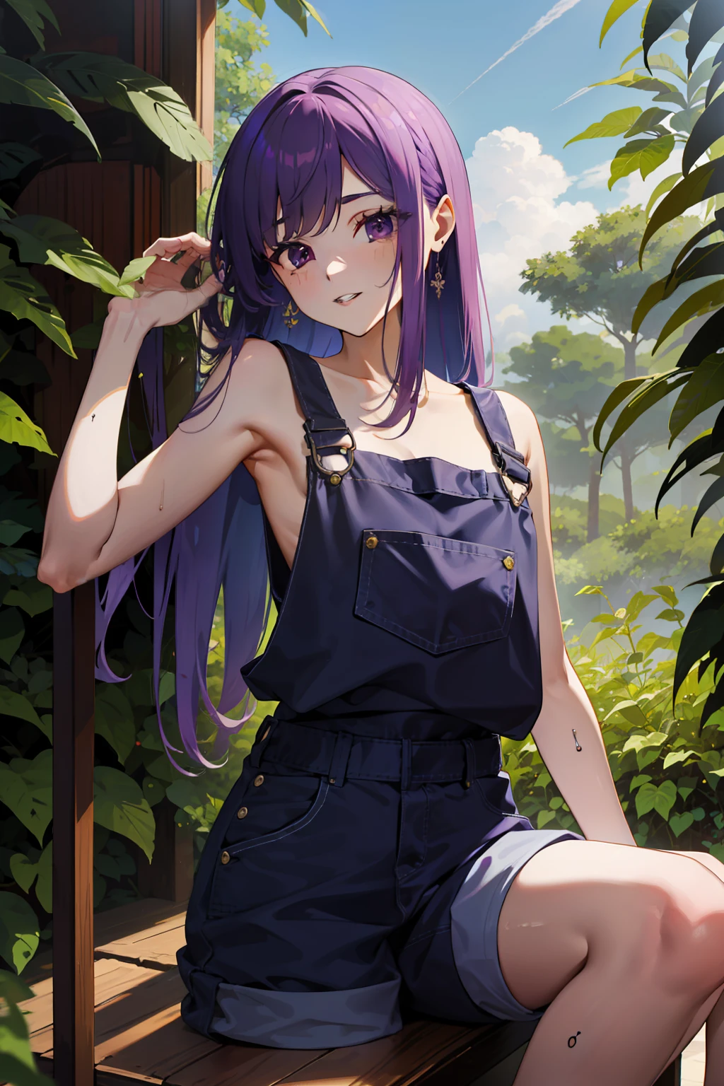 Kizi, 17 yr old, light green hair, Short hair bob cut, Purple eyes, short jumpsuit, Tattoed arm,, seminua, sexy clothes, sensuous, in dark forest, holding chainsaw, Looking at Viewer, sinistro sensuous sorrindo, no underwear , blood on the body