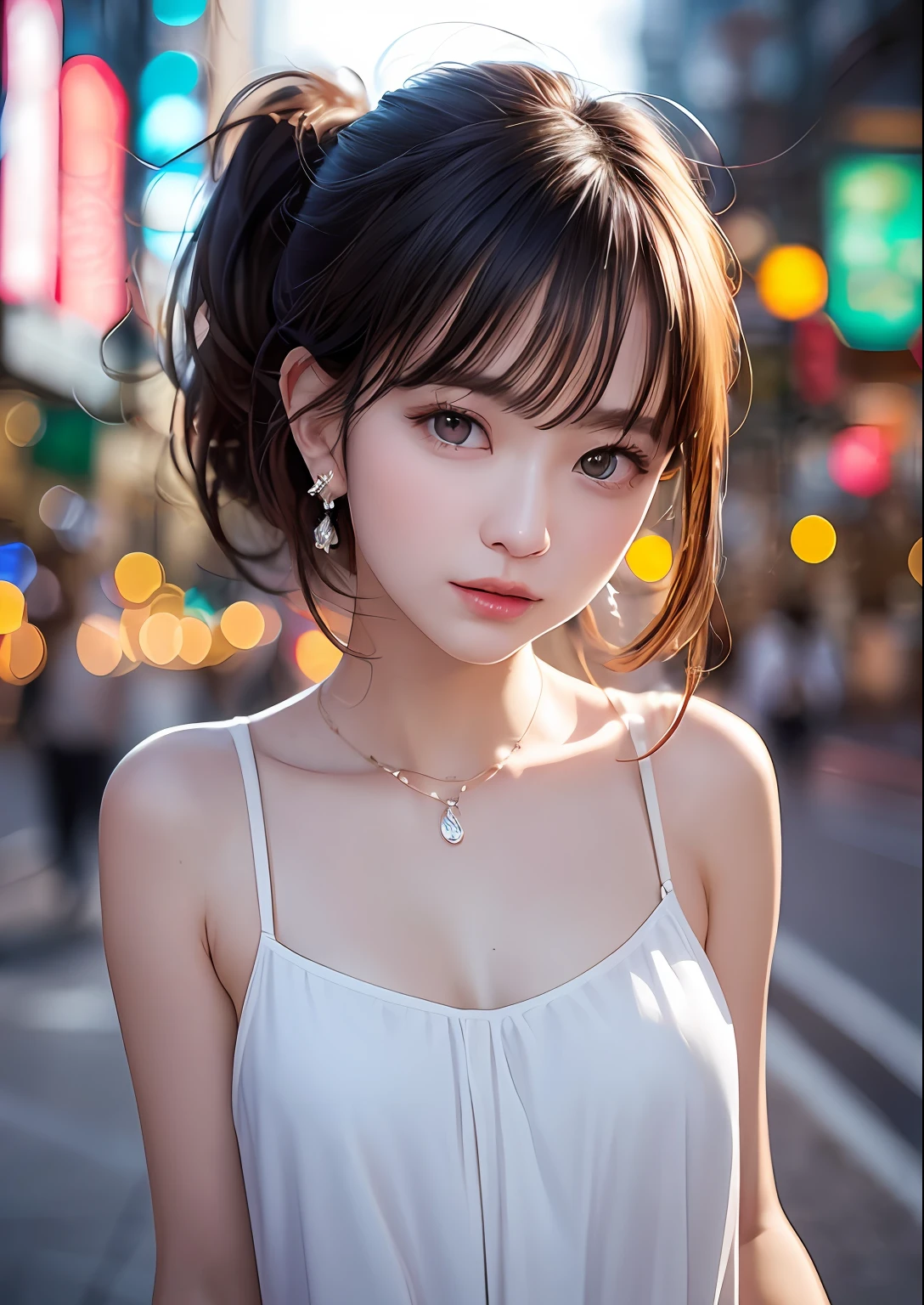 (Standing on a dark street),(streetlights),(low-key lighting),(natta),Random posture, (extremely delicate and beautiful work), (​masterpiece), 1girl, a girl in a white dress, highDetails, West Creek, Warped ponytail, Charming look, Beautiful and clear eyes, green pupils, delicate necklaces, Delicate earrings, (fullnude)、Simple blurred background, Super Detailed Description, Beautiful fece, Charming, Ultra-definition painting, delicated face, Delicate figures, thin clavicle, Beautiful lips, Beautiful breasts, Soft back view, mix4,(8k, RAW Photography, Top image quality, masterpiece:1.2), (realistic, realistic:1.37),女の子1人,cute little,A city scape, natta, Sateen,wetty、Professional Writing、Photon Mapping、Radio City、physically-based renderingt、