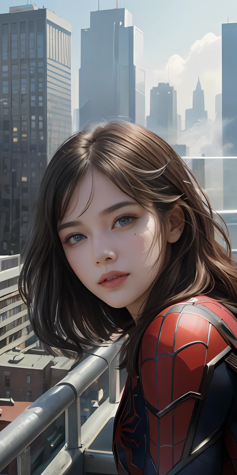(1girl:1.3), Solo, (((Very detailed face)))), ((Very detailed eyes and face)))), Beautiful detail eyes, Body parts__, Official art, Unified 8k wallpaper, Super detailed, beautiful and beautiful, beautiful, masterpiece, best quality, original, masterpiece, super fine photo, best quality, super high resolution, realistic realism, sunlight, full body portrait, amazing beauty, dynamic pose, delicate face, vibrant eyes, (from the front), She wears Spider-Man suit, red and black color scheme, spider, very detailed city roof background, rooftop, overlooking the city, detailed face, detailed complex busy background, messy, gorgeous, milky white, highly detailed skin, realistic skin details, visible pores, clear focus, volumetric fog, 8k uhd, DSLR, high quality, film grain, fair skin, photo realism, lomography, futuristic dystopian megalopolis, translucent