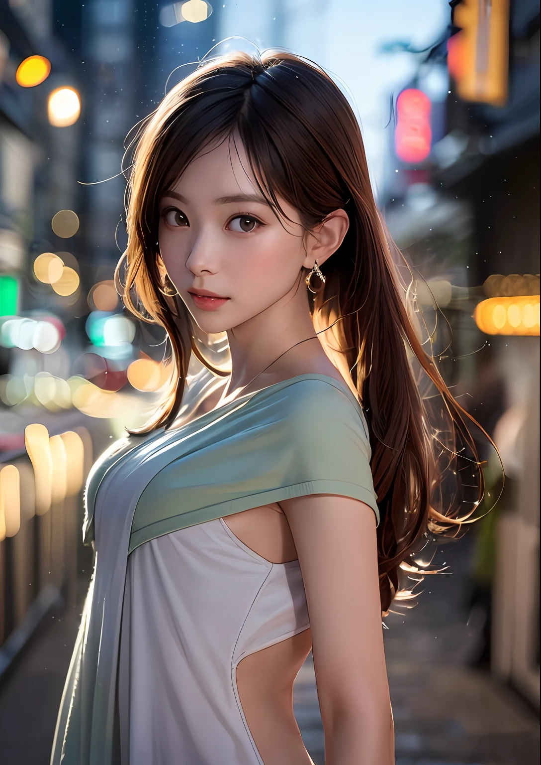 (Standing on a dark street),(streetlights),(low-key lighting),(natta),Random posture, (extremely delicate and beautiful work), (​masterpiece), 1girl in, girl with, highDetails, West Creek, Warped ponytail, Charming look, Beautiful and clear eyes, green pupils, delicate necklaces, Delicate earrings, (fullnude)、Simple blurred background, Super Detailed Description, Beautiful fece, Charming, Ultra-definition painting, delicated face, Delicate figures, thin clavicle, Beautiful lips, Beautiful breasts, Soft back view, mix4,(8K, Raw photography, Top image quality, masutepiece:1.2), (Realistic, Realistic:1.37),Girl with 1 person,cute little,A city scape, natta, Sateen,Wetty、Professional Writing、Photon mapping、Radio City、physically-based renderingt、