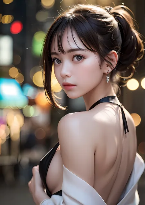 (Standing on a dark street),(streetlights),(low-key lighting),(natta),Random posture, (extremely delicate and beautiful work), (​masterpiece), 1girl in, girl with, highDetails, West Creek, Warped ponytail, Charming look, Beautiful and clear eyes, green pup...