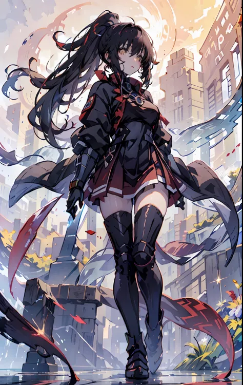 ((girl)), ((gorgeous bloody night sky, background)), (golden blades on the ground) ,((ultra definition)), ((best illustration)),...