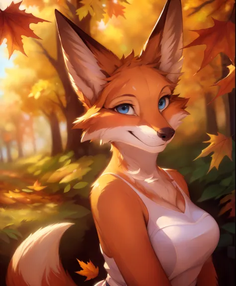 a beautiful and detailed portrait of a fox, autumn, ((bokeh)), blush seductive, standing, posing, einshelm, honovy hioshiru personalami,happy, smile, blue eyes
