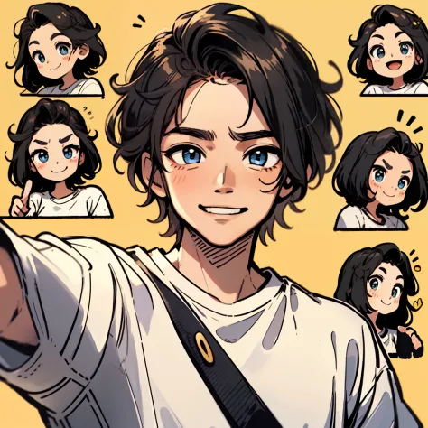 1 Handsome adult male、White T-shirt、Disney  style、Black strokes、various emotions、8K,Very short hair、healer、Look here、The forehead is protruding、A smile、Pointing、forefinger