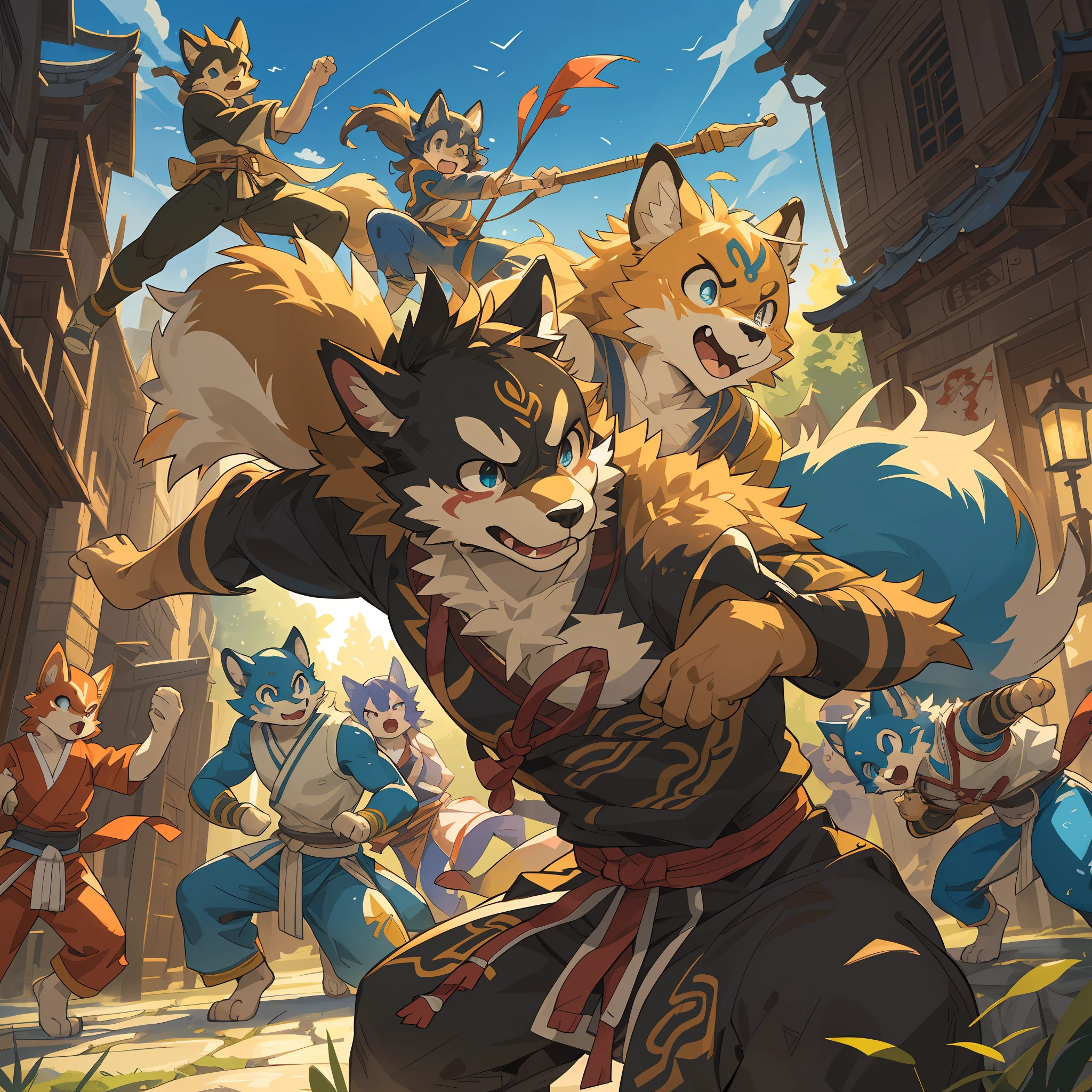 dynamic angle, top quality, best quality, High-quality illustrations, masterpiece, super high resolution, detailed background, detailed background, kung fu film, action, group shot:0.1, 6+boys, 6+girls, absurdres(highly detailed beautiful face and eyes)perfect anatomy, expression, good lighting, cinematic shadow(kemono, furry anthro),